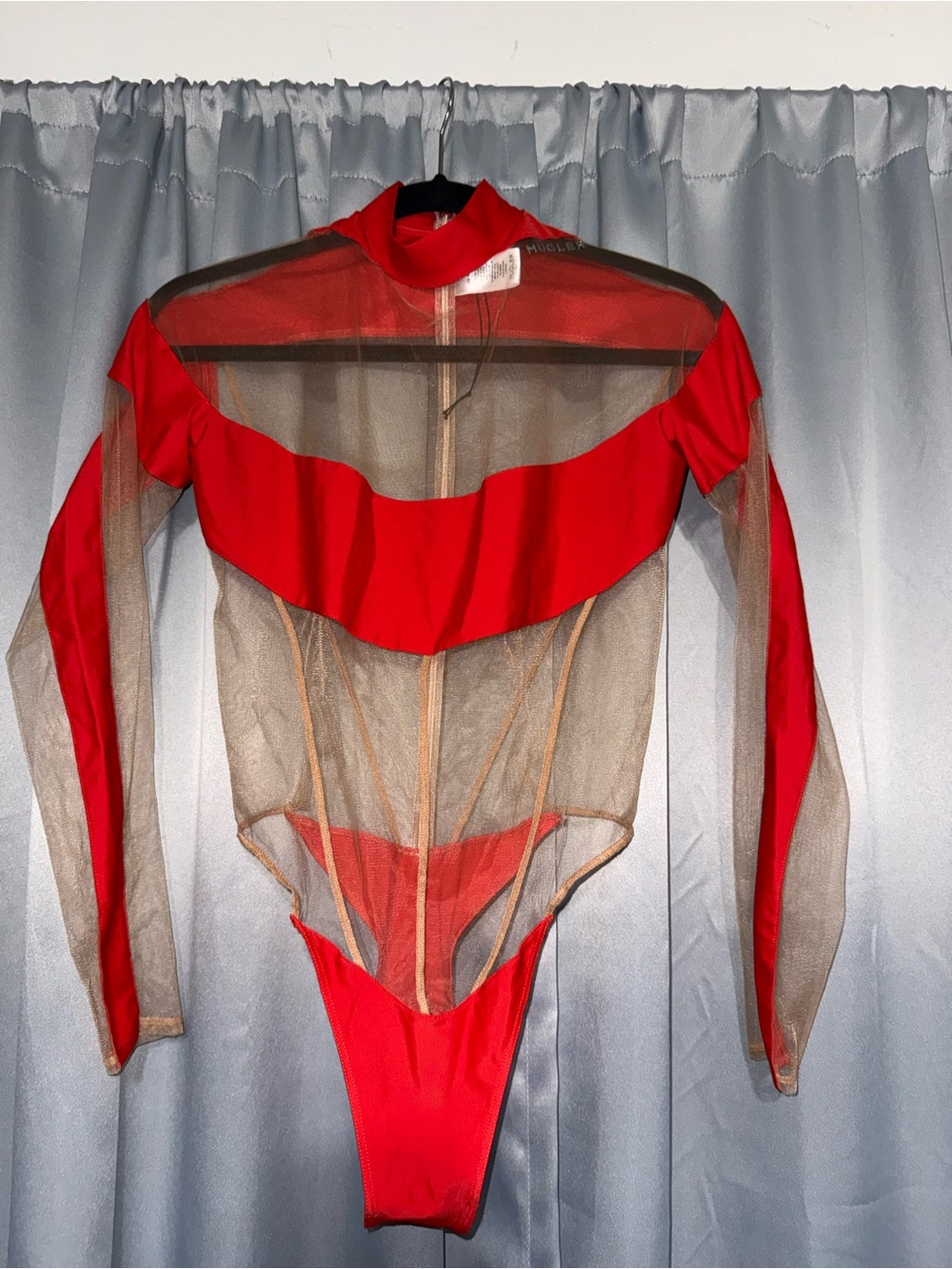 Mugler Red Mesh Long-Sleeve Bodysuit